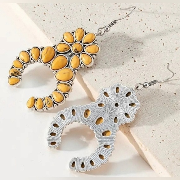 🌻 MOON SQUASH BLOSSOM Yellow Turquoise Dangle Earrings S925 Plated Southwestern - Picture 5 of 10